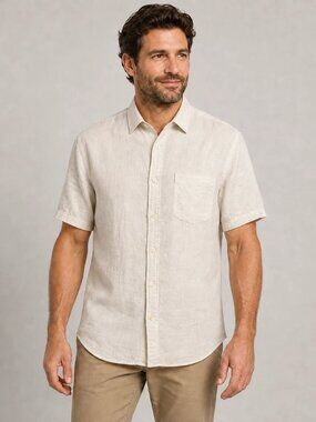 Orvis Signature Collection Mens Large 100% Linen Short Sleeve Button Down Cream
